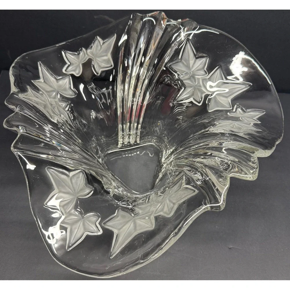 Vintage Crystal Fan Vase Frosted Ivy Leaf Flared Ribbed Art Deco Style Centerpc